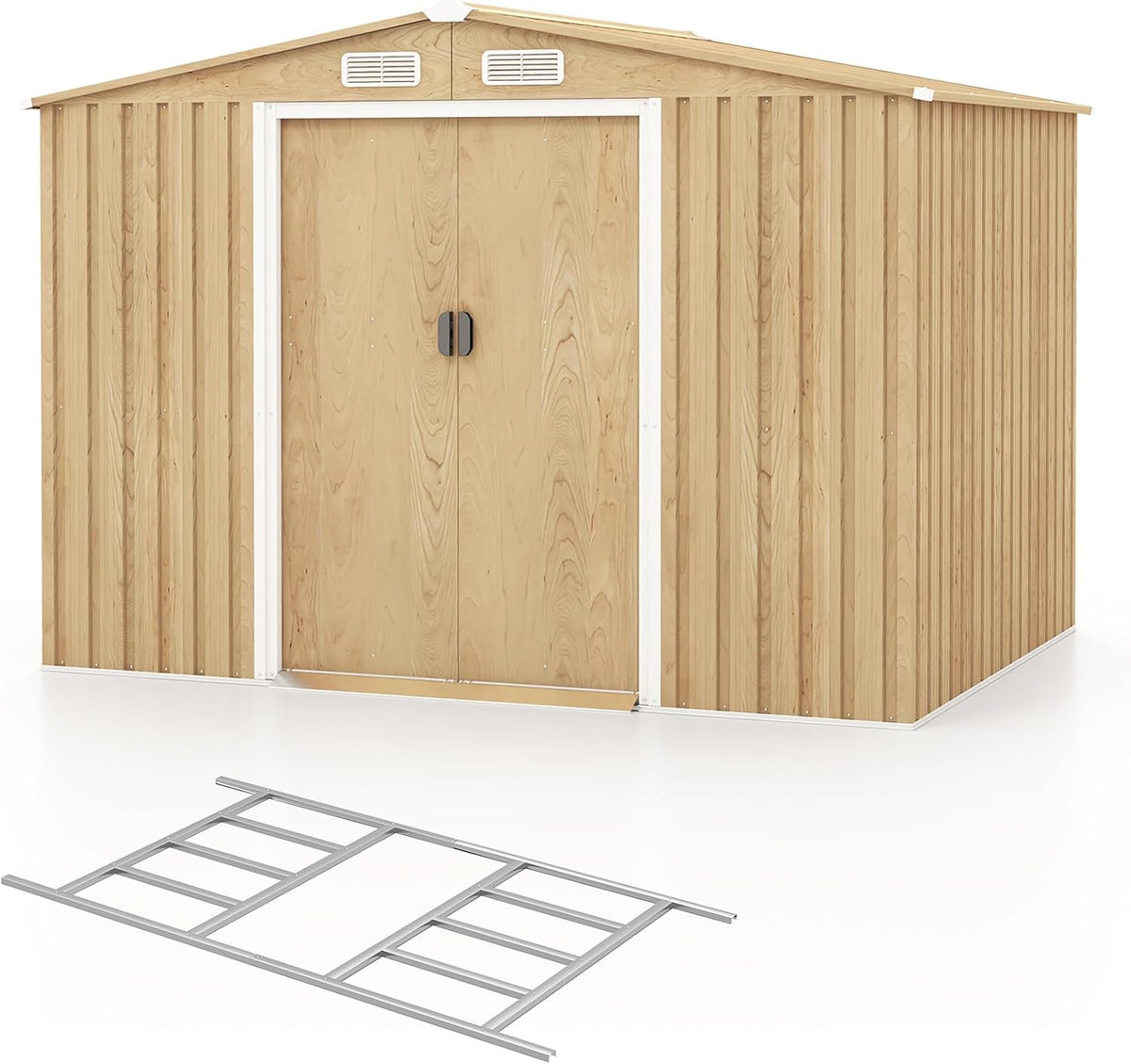 COSTWAY abri de jardin métal 5 m² - Cabane extérieure acier galvanisé marron - Rangement outils avec fondation porte coulissante et aérations