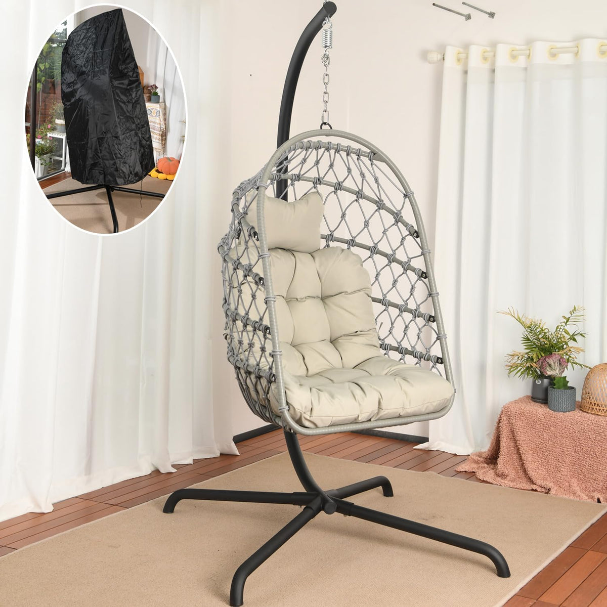 LKINBO fauteuil oeuf suspendu avec support - Rotin gris avec coussin pour 1 personne - Structure pliable charge maximale 160 kg - Pour intérieur jardin terrasse et balcon