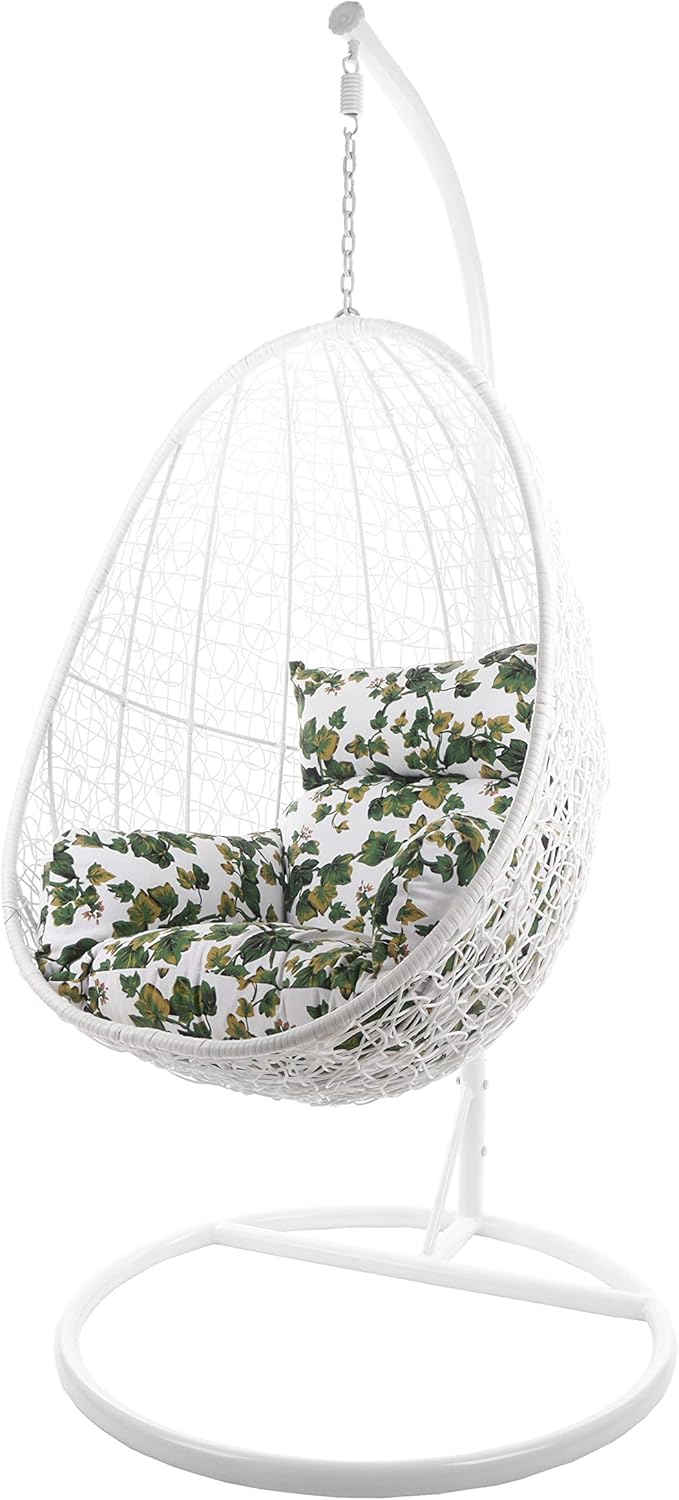 Kideo Summer Vine fauteuil suspendu - Polyrotin blanc avec armature métal - Coussin blanc vert pour intérieur extérieur - Charge maximale 120 kg poids 27 kg