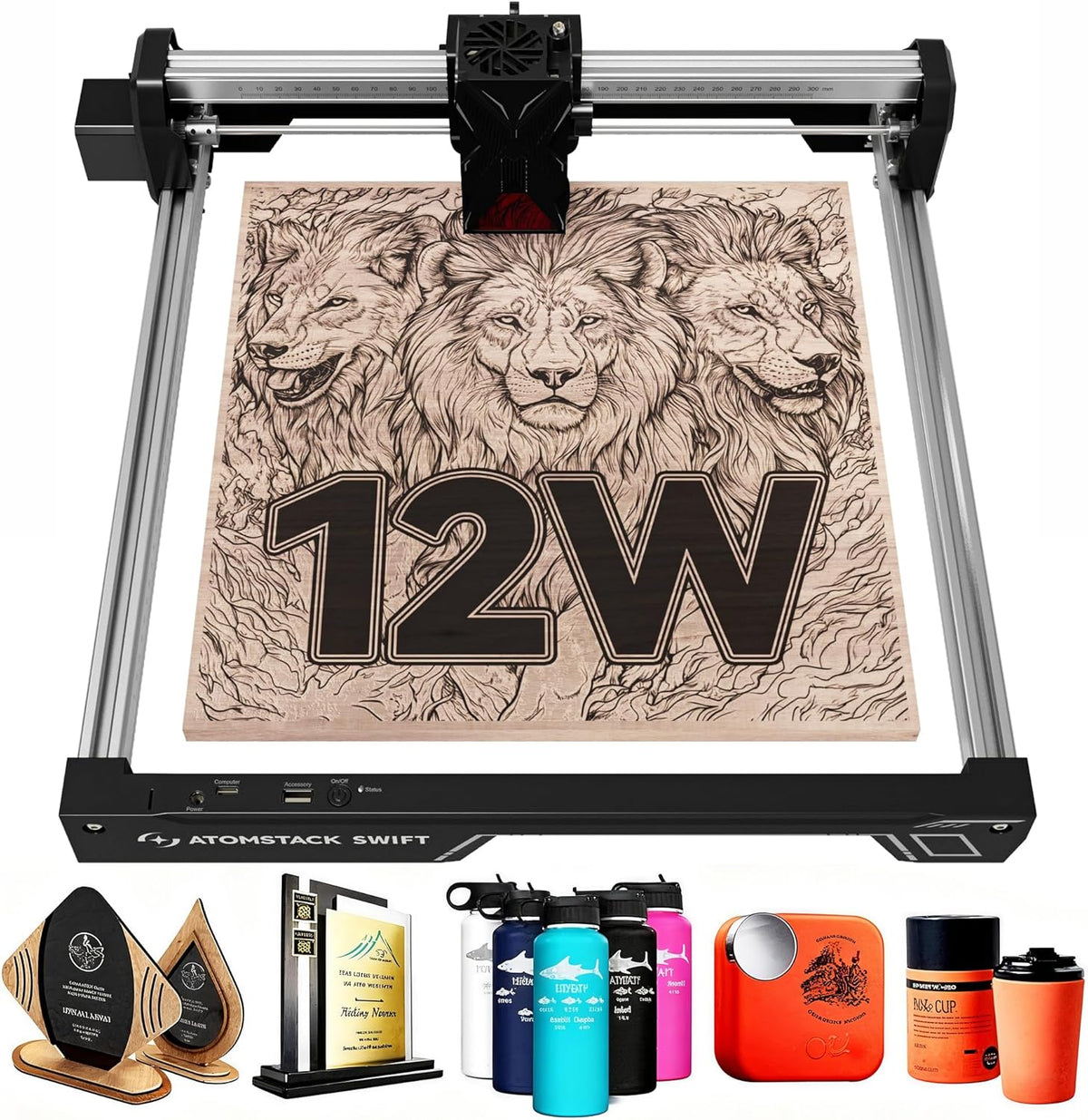 ATOMSTACK Swift 12W machine de gravure laser - Puissance laser 12000 mW et précision 0,01 mm - Zone de travail 300 x 300 mm - Pour bois métal acrylique foncé et cuir noir