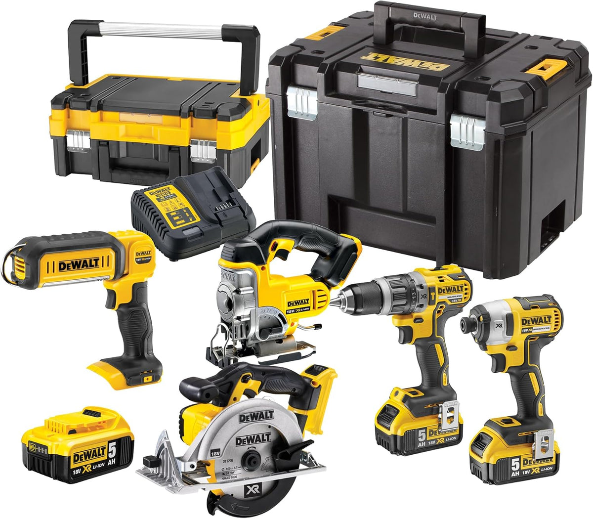 DeWalt DCK551P3T-QW kit 5 outils XR 18 V - Perceuse visseuse scies visseuse à chocs et lampe LED - 3 batteries 5 Ah et chargeur - 2 coffrets TSTAK