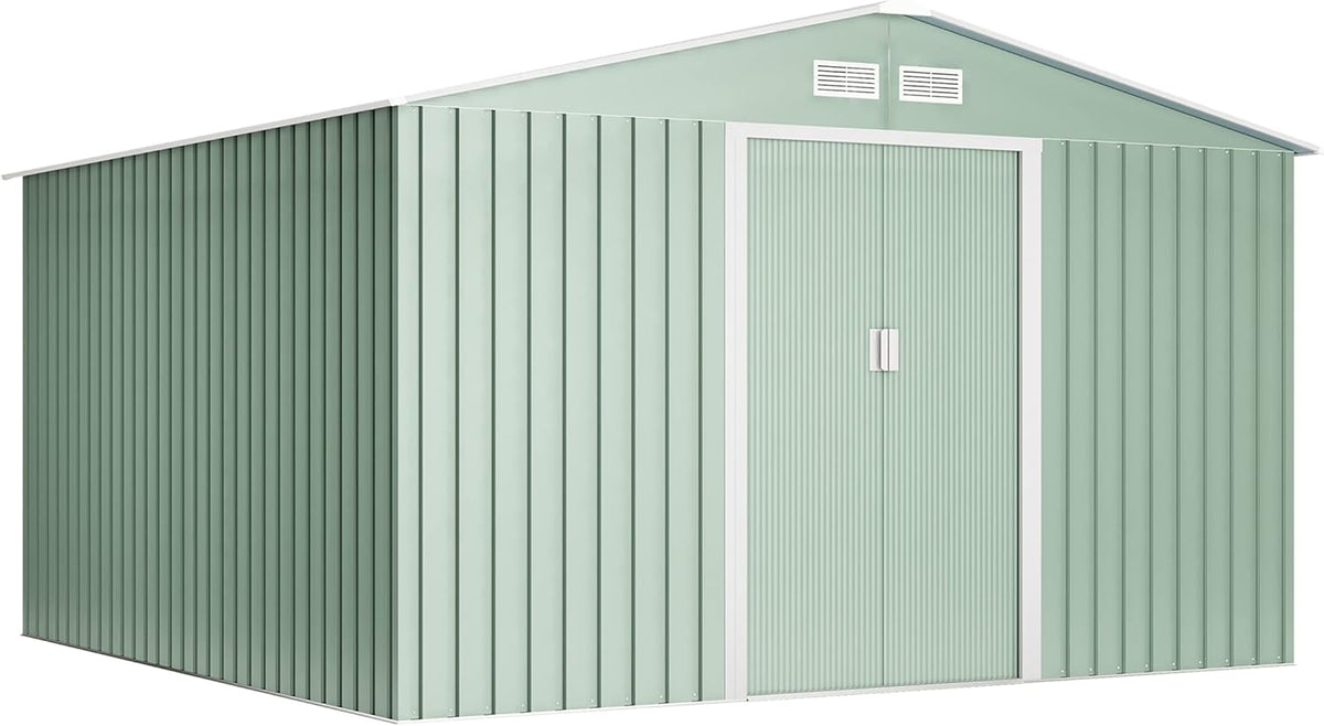 Wasabi abri de jardin métal 10,2 m² - Cabane extérieure vert clair avec double porte coulissante - Rangement stockage avec ventilation