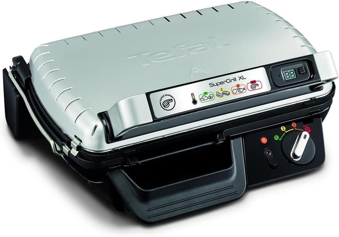 Tefal SuperGrill XL GC461B grill électrique - Puissance 2400 W avec 4 réglages - Structure noire métallique avec indicateurs LED - Bac récupérateur inclus pour cuisson intérieure