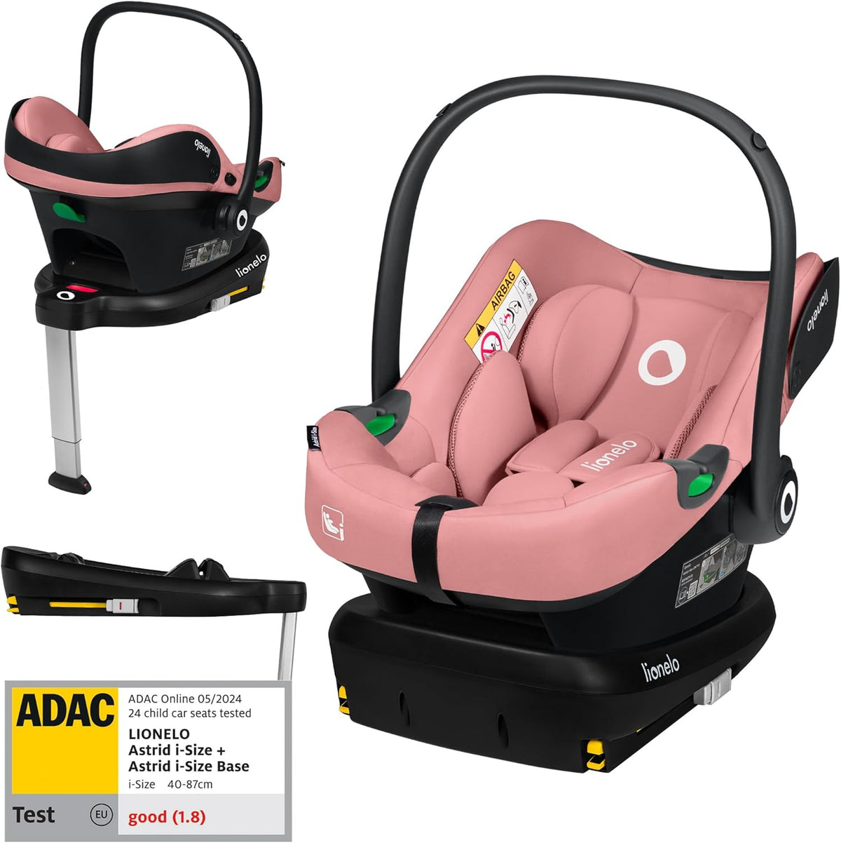 Lionelo Astrid i-Size siège auto bébé avec base - Pour enfants de 40 à 87 cm jusqu'à 13 kg - Montage ISOFIX harnais 3 points et protection latérale - Insert Dri-Seat rose norme R129