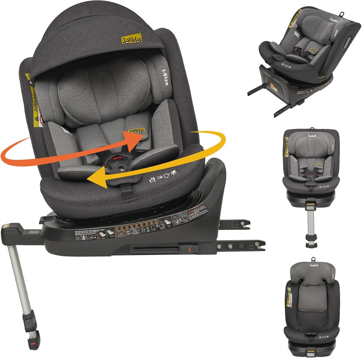 Jovikids i-Size siège auto 40 à 150 cm - Rotation 360 degrés ISOFIX avec pied de support - Dos et face à la route harnais 5 points - Noir jusqu'à 36 kg norme R129