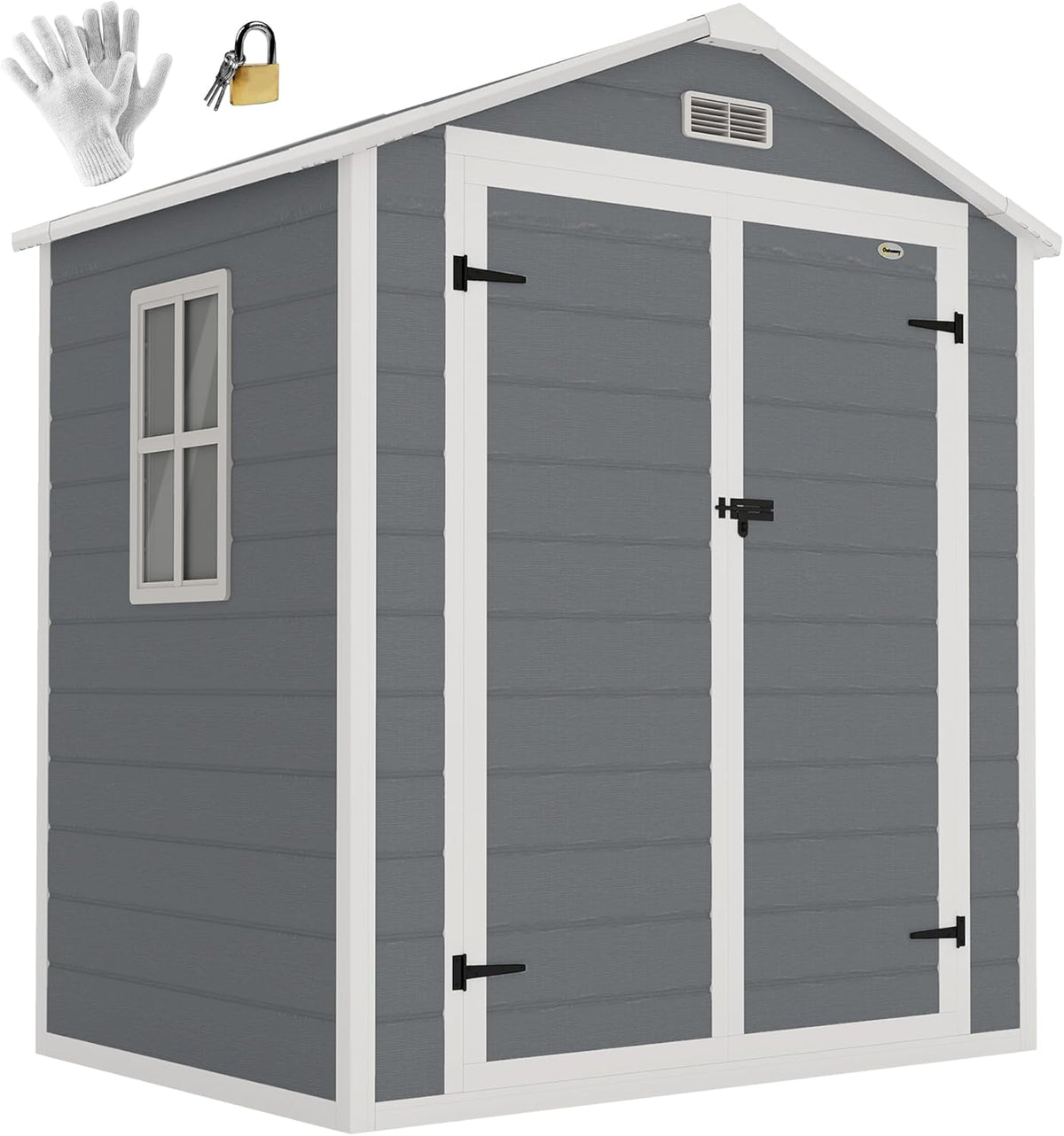 Outsunny abri de jardin résine 2,12 m2 - Polypropylène gris au style moderne - 2 portes avec fenêtre et grille d'aération - Toit en pente étanche pour rangement extérieur