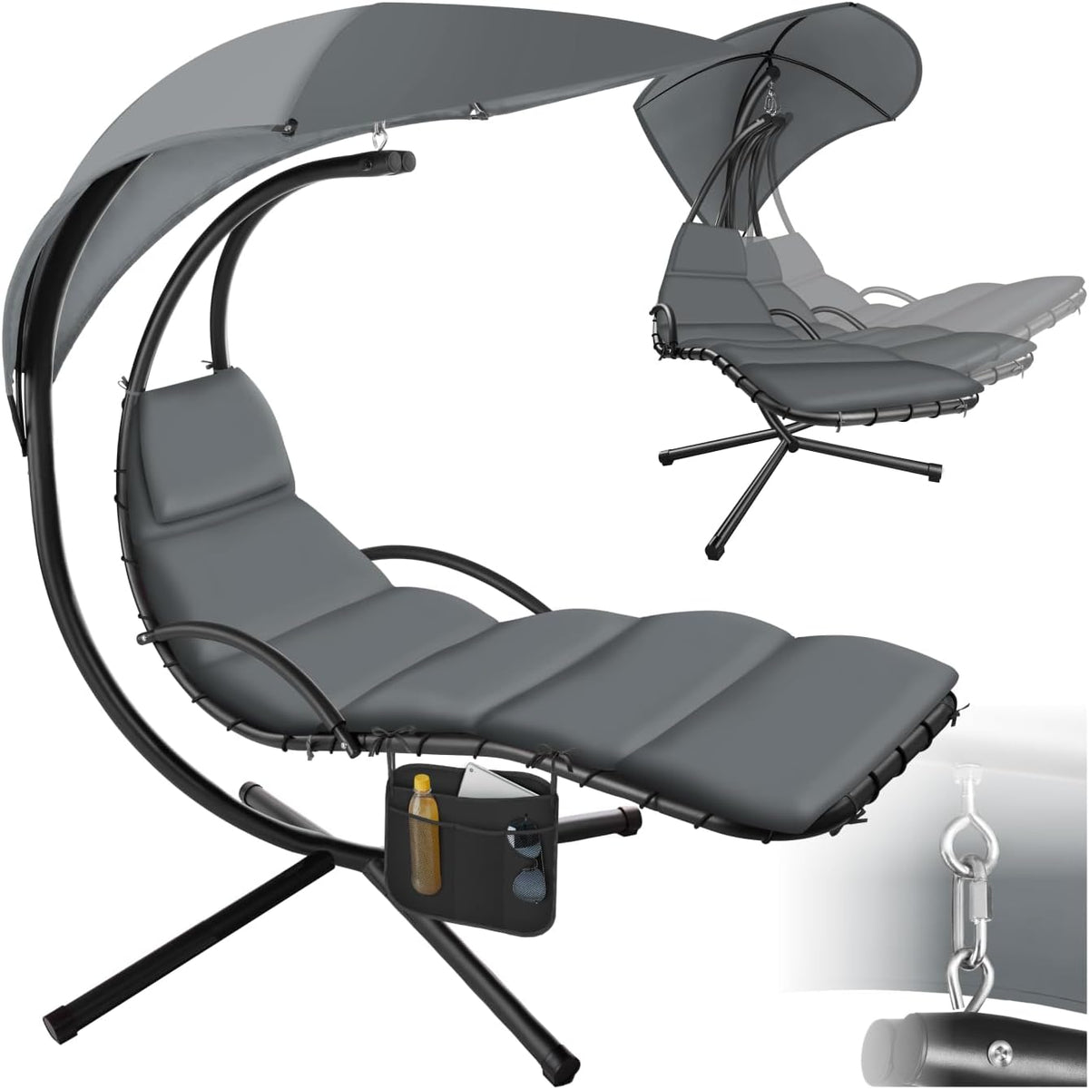 TecTake bain de soleil suspendu avec support - Fauteuil gris avec parasol et matelas - Structure acier et poche latérale - Intérieur extérieur 195 x 132 x 197 cm