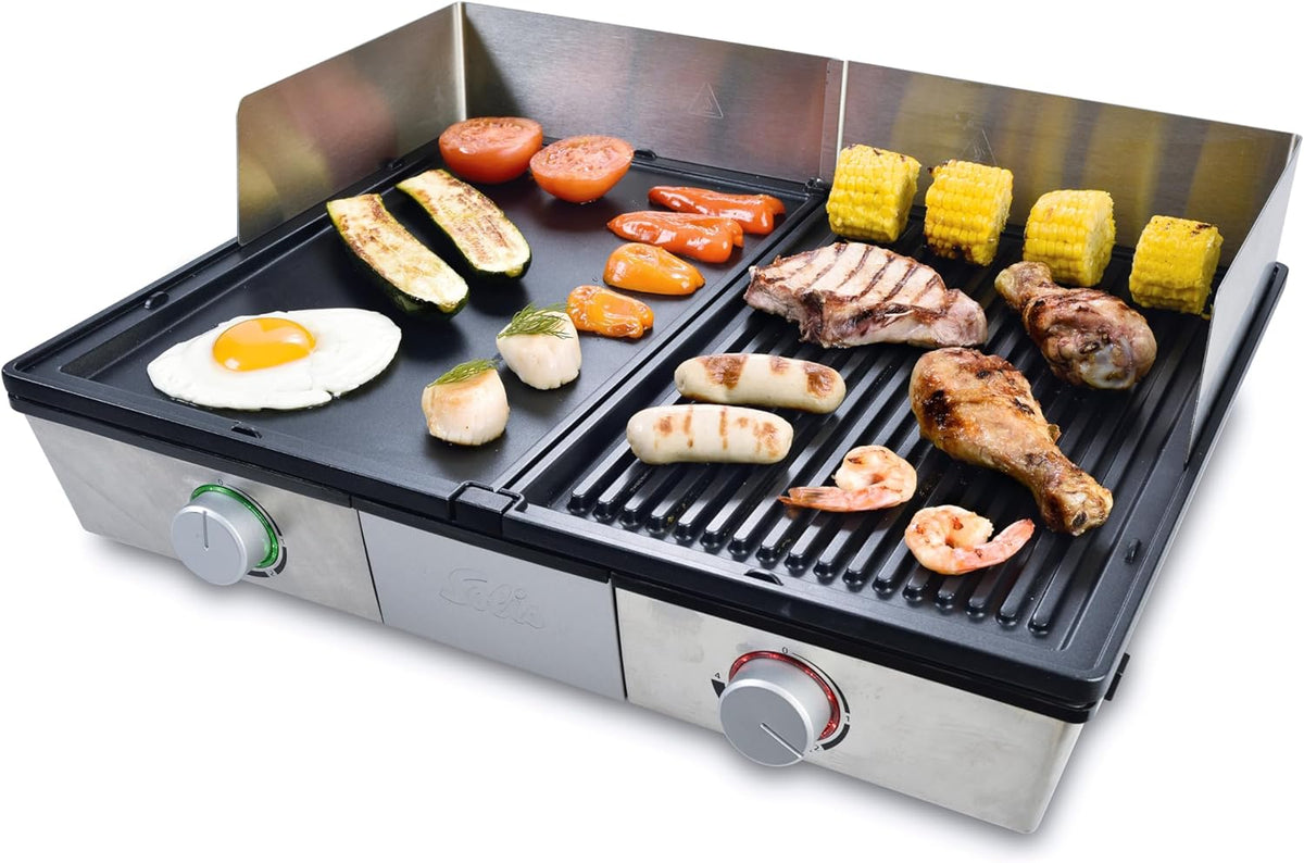 Sanyo Deli Grill barbecue électrique de table - Puissance 2200 W avec plaques de cuisson amovibles - Structure acier inoxydable - Noir argent 49,5 x 40,5 x 18,5 cm