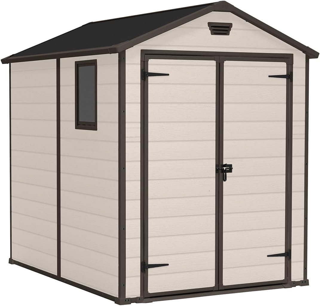Keter Manor 68 abri de jardin 4,1 m2 - Polypropylène beige imitation lattes de bois - Structure étanche pour rangement extérieur - Dimensions 237 x 185,8 x 227 cm