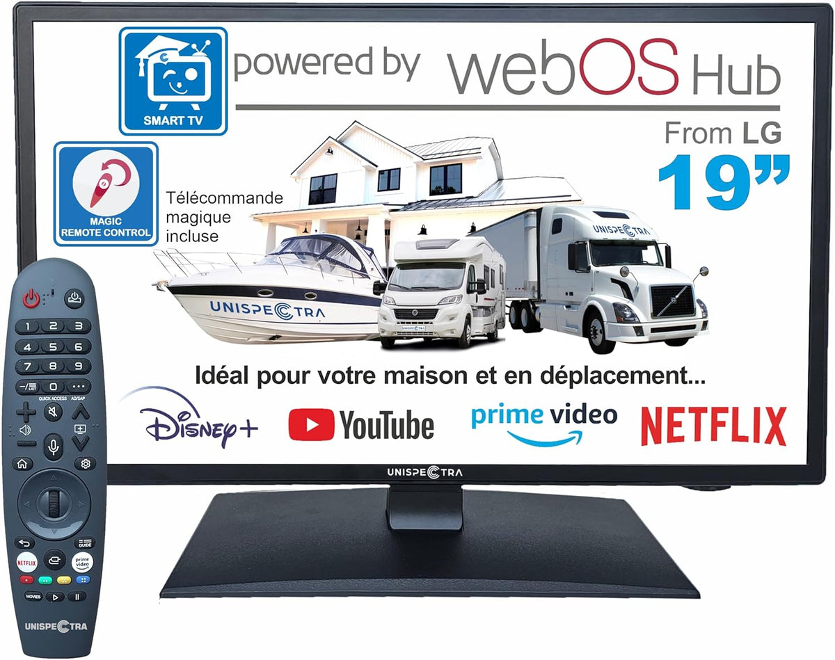 Unispectra Smart TV 19 pouces webOS - Écran LED HD 720p 60 Hz avec grand angle de vision - Wi-Fi Bluetooth Ethernet et télécommande Magic - Alimentation 12 V pour camping-car bateau