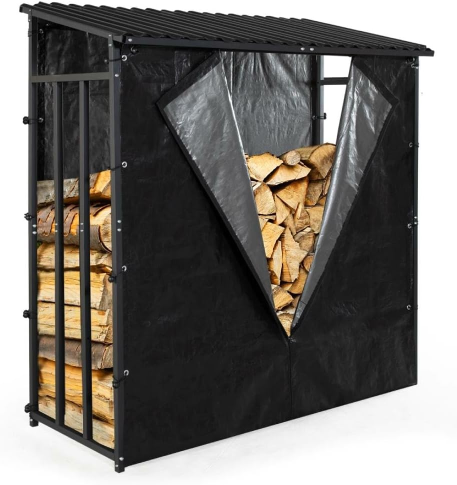 TERRE JARDIN range bûches extérieur - Acier galvanisé noir résistant aux intempéries - Housse de protection et support mural - Dimensions 186 x 70 x 185 cm