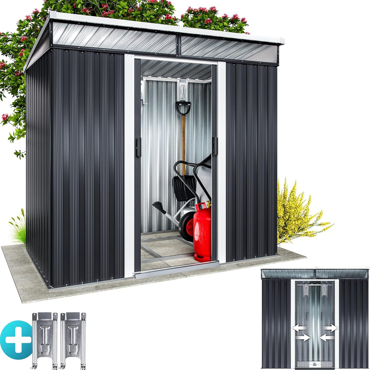 GARDEBRUK abri de jardin métal L 3,4 m³ - Cabane rangement outils anthracite avec fondation incluse - 196 x 122 x 180 cm avec fenêtres