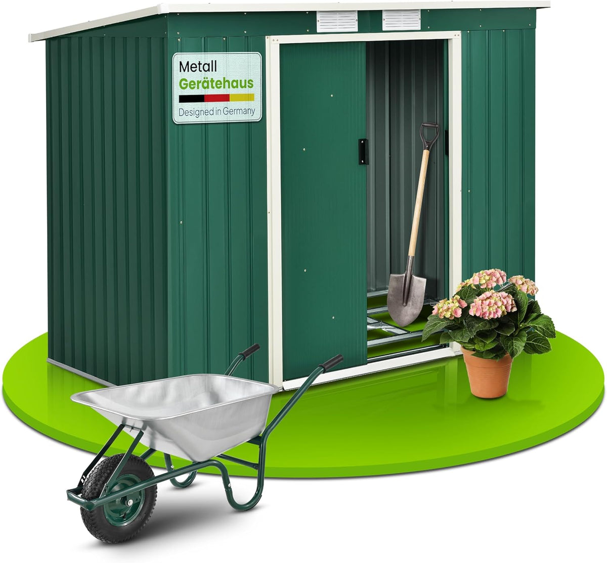 Juskys abri de jardin métal 4 m3 - Acier vert avec toit en pente et porte coulissante - Fondation incluse pour rangement extérieur - Dimensions 213 x 130 x 173 cm