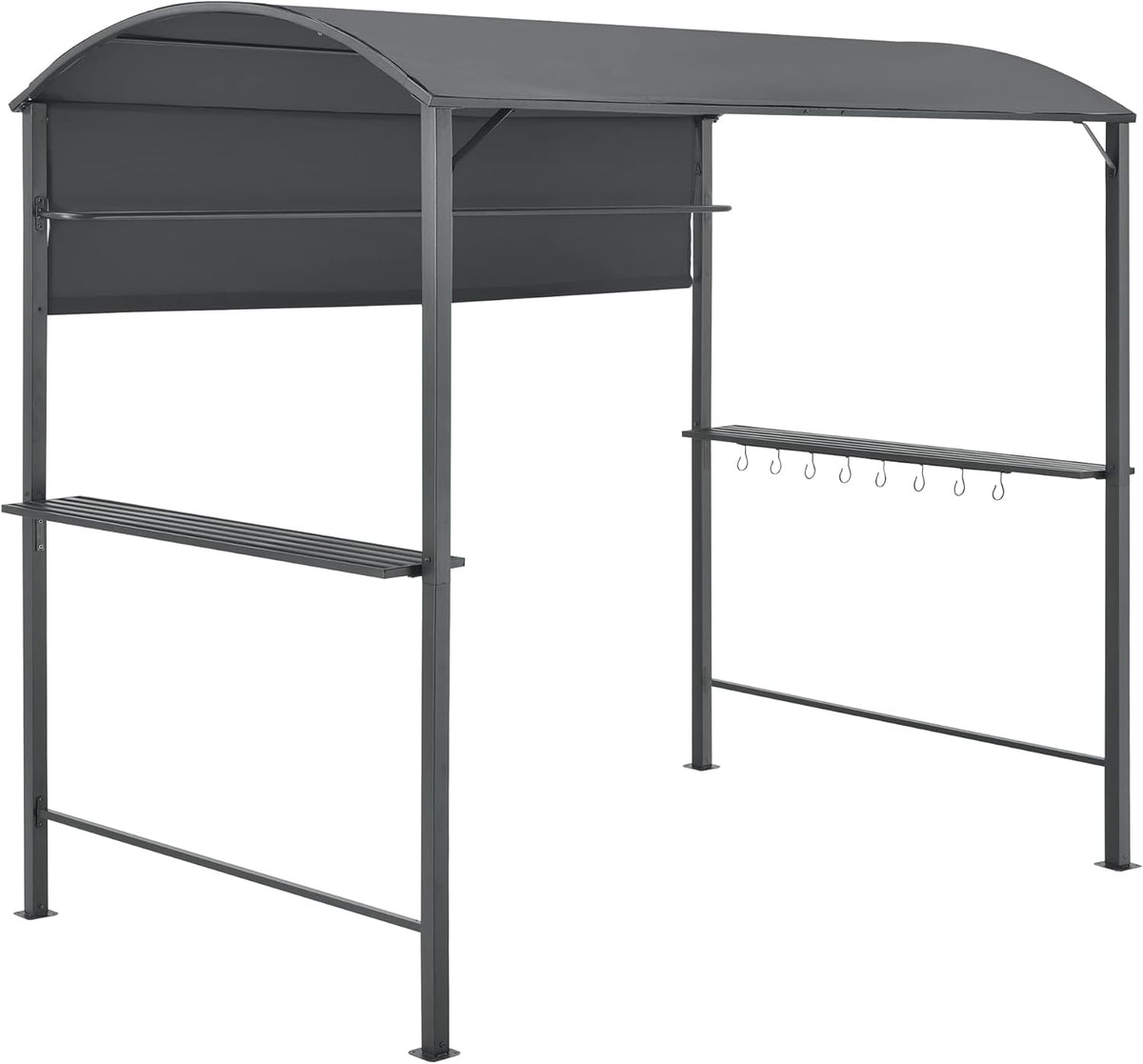 Tonnelle barbecue avec comptoir et crochets - Structure acier allié anthracite avec toile polyester grise - Auvent imperméable pour cuisine extérieure - Dimensions 220 x 140 x 215 cm