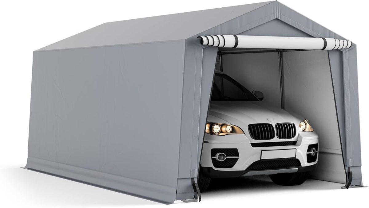 COSTWAY tente garage carport 290 x 490 cm - Structure acier allié grise pour SUV bateau et cargaison - Portes et poutres triangulaires - Auvent imperméable résistant aux UV