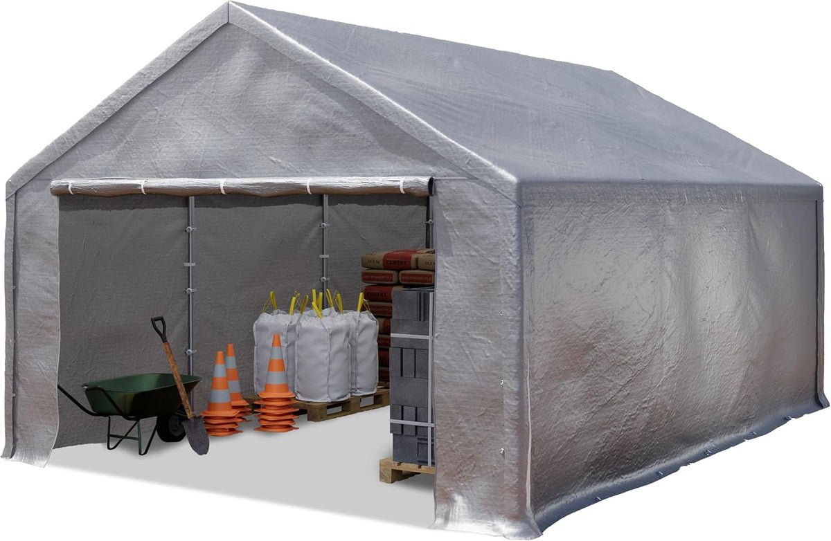 TOOLPORT tente de stockage 3 x 6 m - Bâche PE grise 350 N étanche - Cadre acier allié avec protection UV - Hangar extérieur avec 10 cordes de tension
