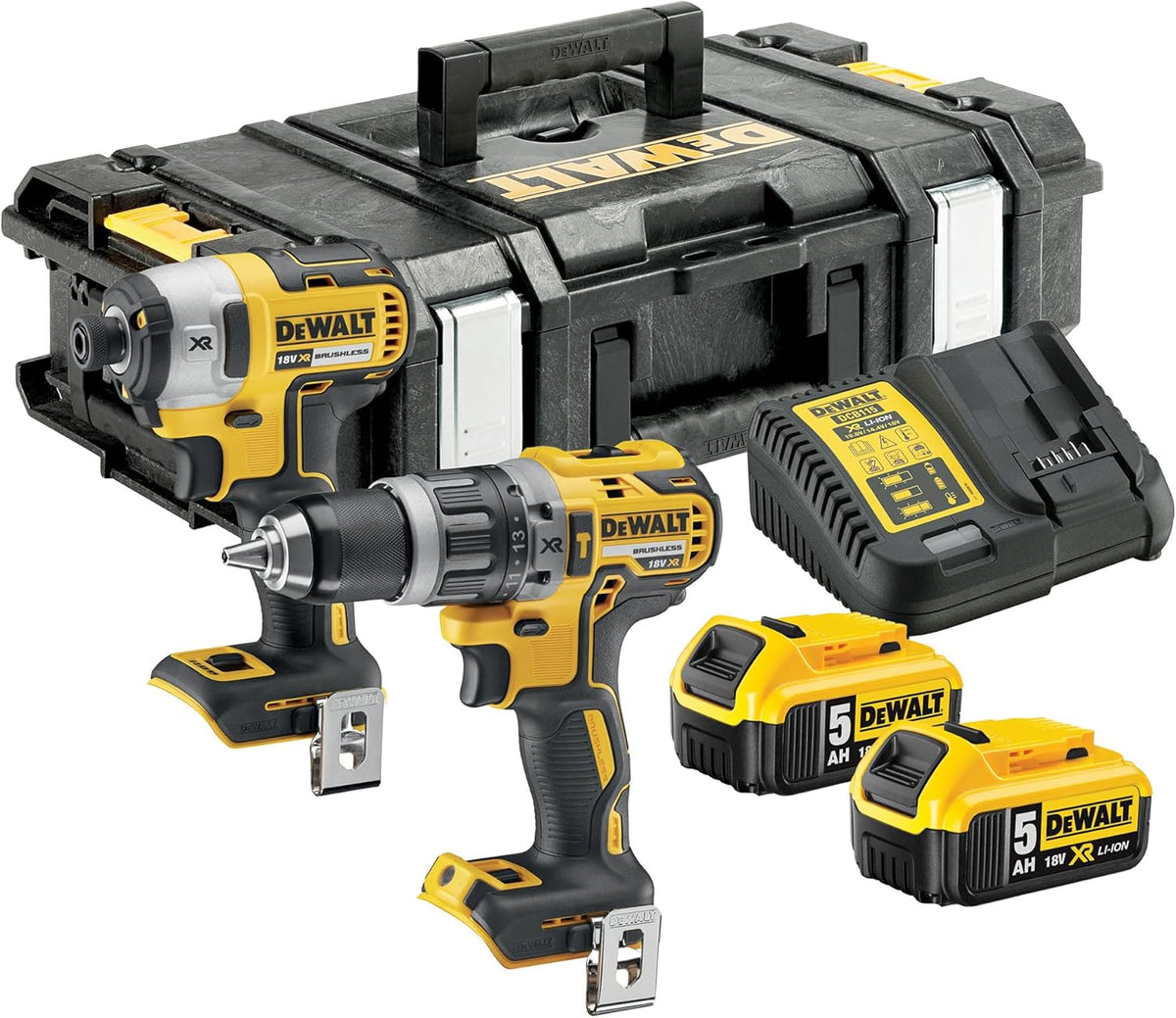 DEWALT kit double 18V XR Brushless avec perceuse à percussion et visseuse à chocs - 2 batteries lithium ion 5Ah - Chargeur et rangement DCK266P2 QW
