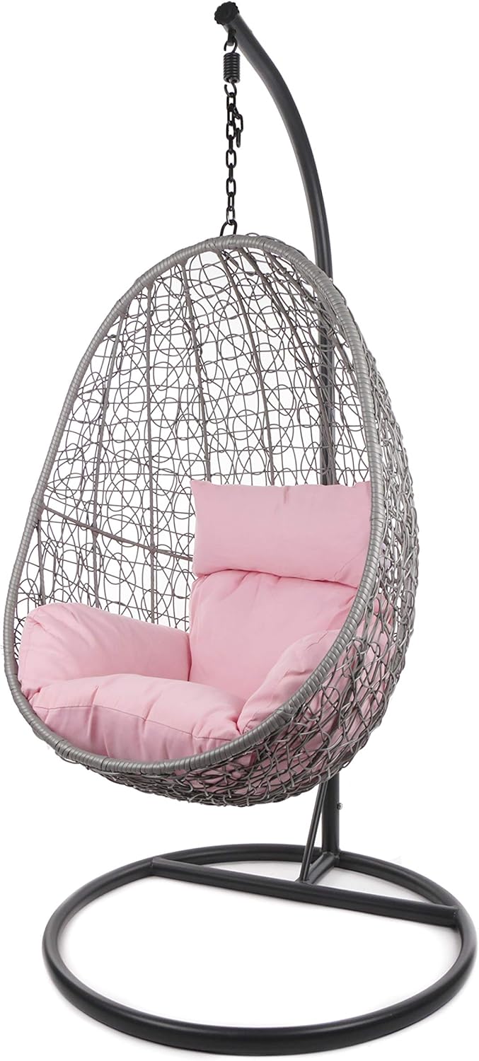 Kideo fauteuil suspendu avec armature - Polyrotin gris et structure métal - Coussin rose motif Lemonade pour 1 personne - Charge maximale 120 kg poids 27 kg
