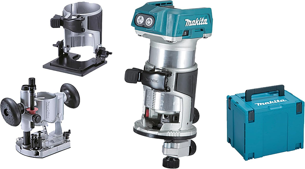 Makita DRT50ZJX2 affleureuse sans fil 18 V Brushless - Vitesse jusqu'à 30000 tr par minute - Base fixe et corps aluminium - Machine seule sans batterie ni base déportée