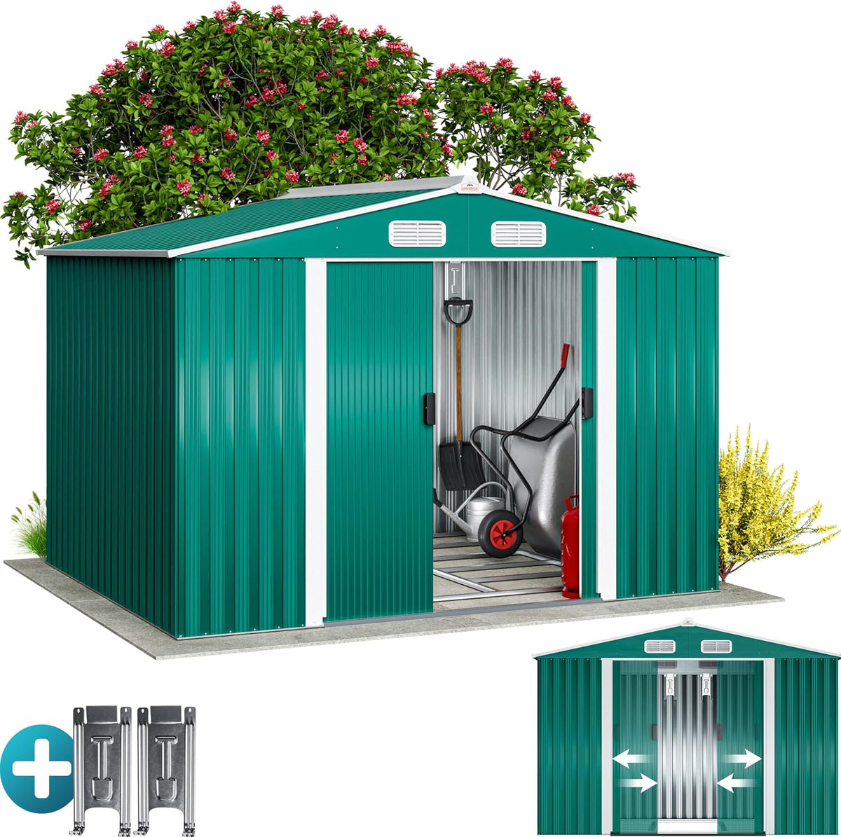 GARDEBRUK abri de jardin métal XXL 5 m² - Cabane rangement outils verte avec fondation - Porte coulissante imperméable acier allié