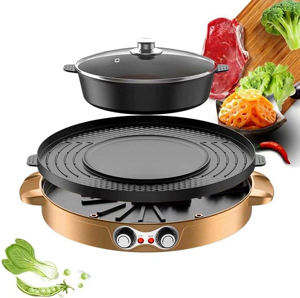 ADITAM grill électrique portable 2 en 1 - Puissance 1100 W avec grande poêle antiadhésive - Utilisation intérieure et extérieure - Acier inoxydable finition dorée alimentation 220 V
