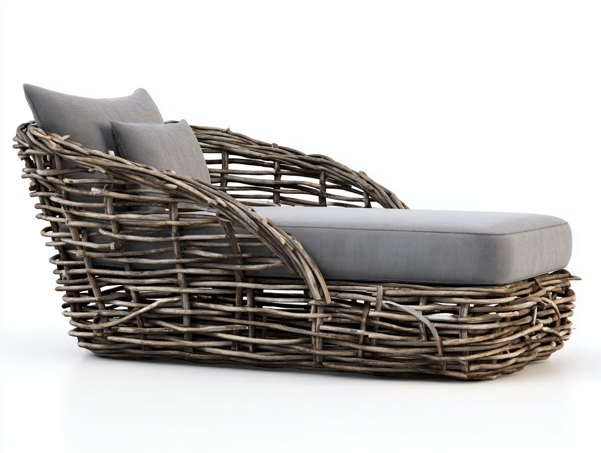 Bain de soleil - branches tressées-tissu - 182x92x84 cm - Gris-Brun vieilli - style wabi-sabi