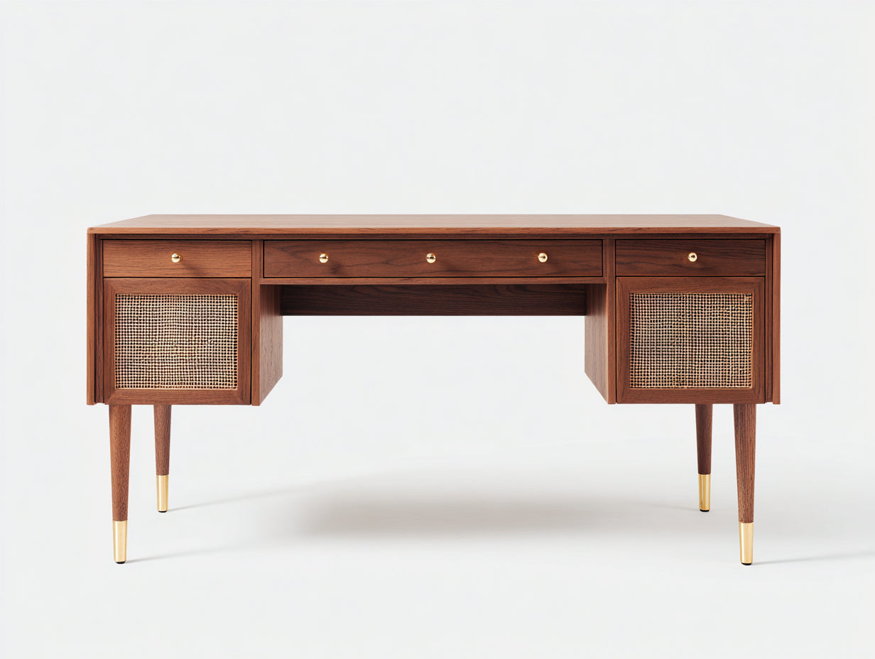 Bureau-Bois-Rotin-Métal-148x59x79 cm-Marron-Beige-Doré-Rétro