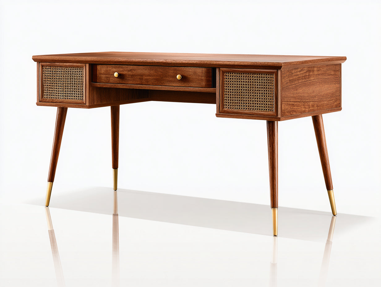 Bureau-Bois-Rotin-Métal-142x57x78 cm-Marron-Beige-Doré-Rétro