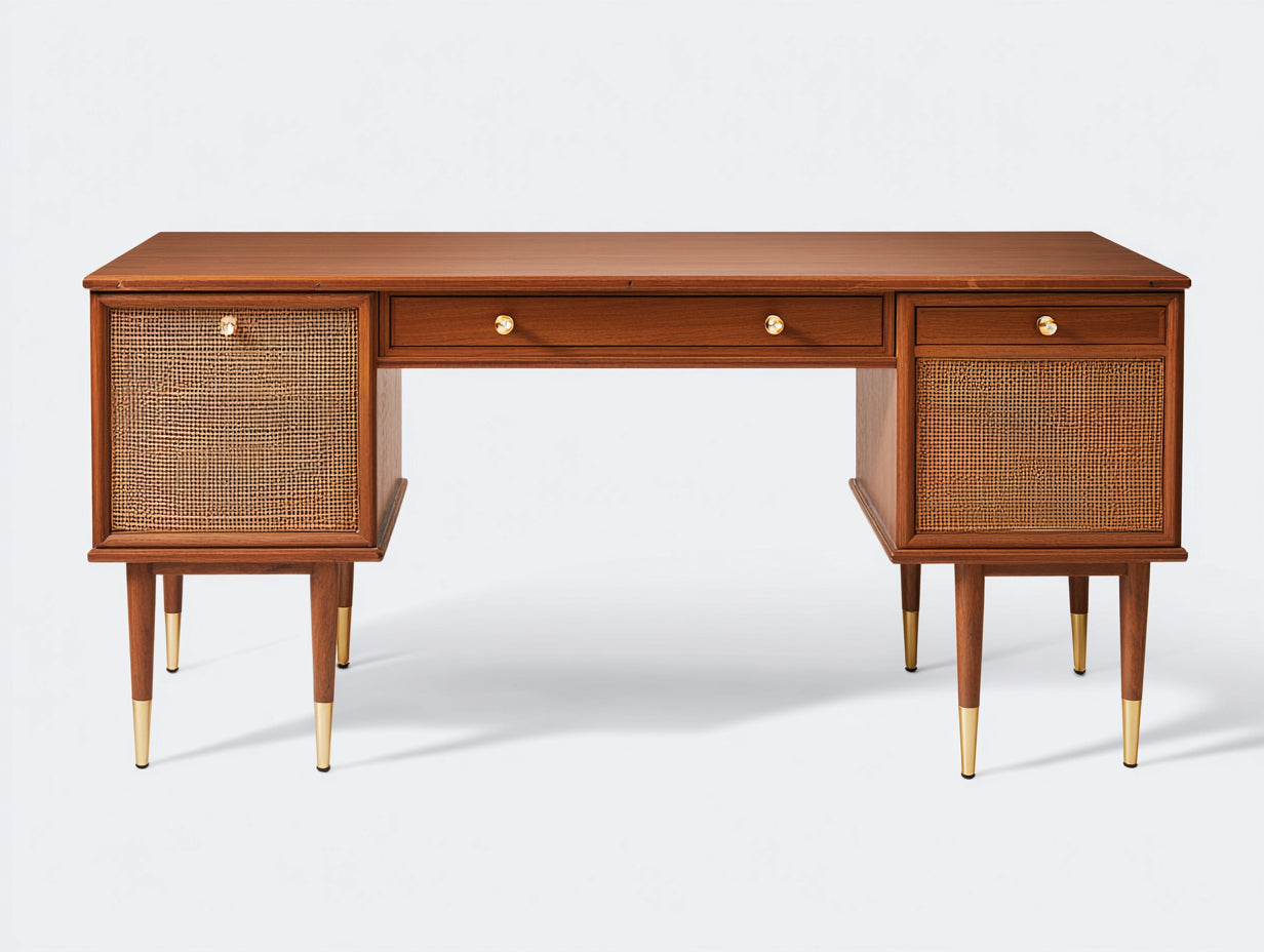 Bureau-Bois-Rotin-Métal-150x60x80 cm-Marron-Beige-Doré-Rétro